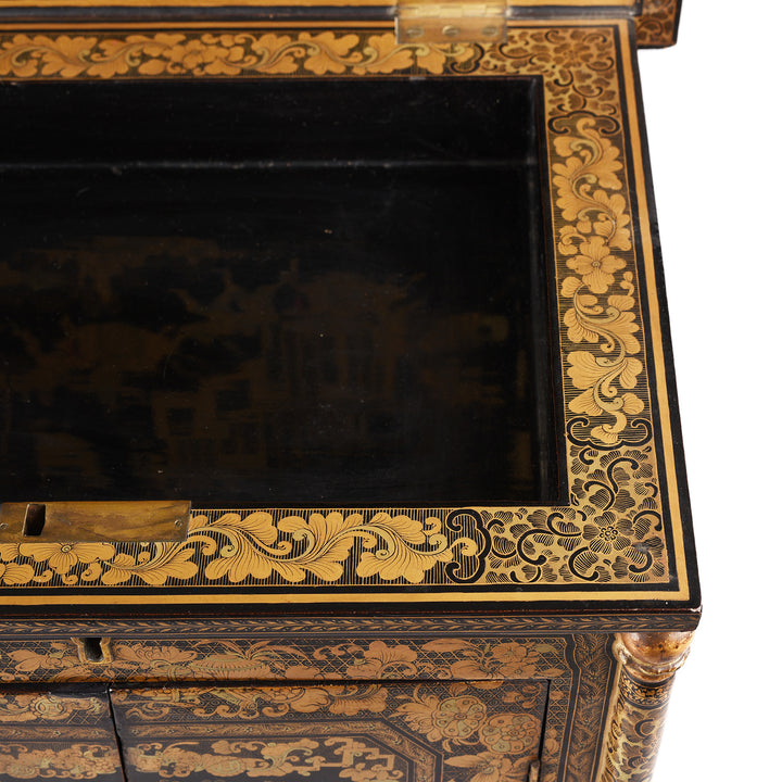 Detail From Antique Gilt Black Lacquer Chinese Export Jewellery Cabinet - Early 19th Century | Indigo Antiques