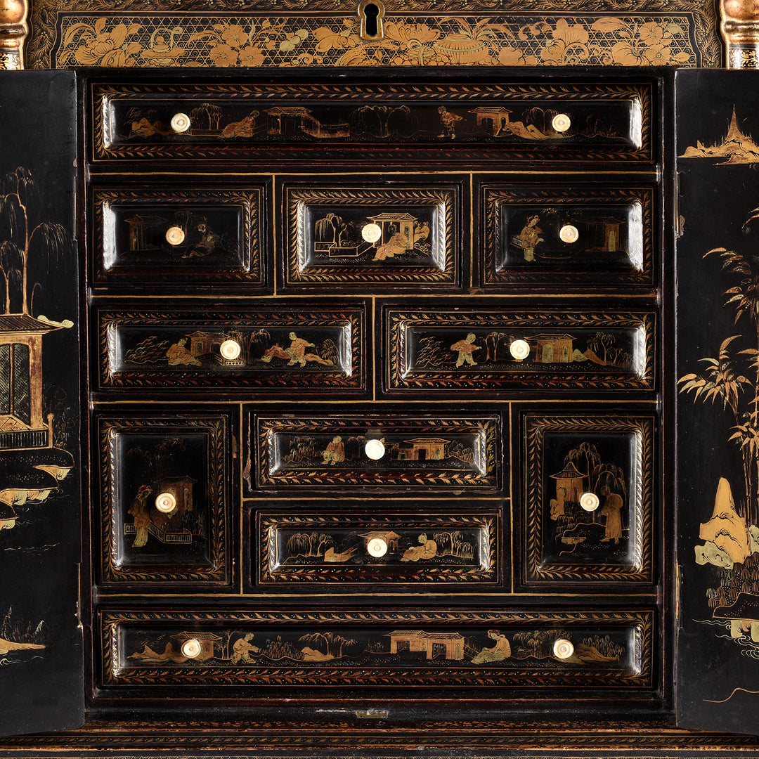 Drawers Detail From Antique Gilt Black Lacquer Chinese Export Jewellery Cabinet - Early 19th Century | Indigo Antiques
