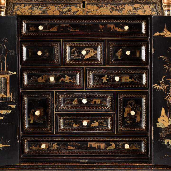 Drawers Detail From Antique Gilt Black Lacquer Chinese Export Jewellery Cabinet - Early 19th Century | Indigo Antiques