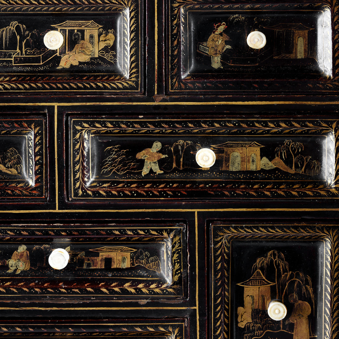 Detail From Antique Gilt Black Lacquer Chinese Export Jewellery Cabinet - Early 19th Century | Indigo Antiques