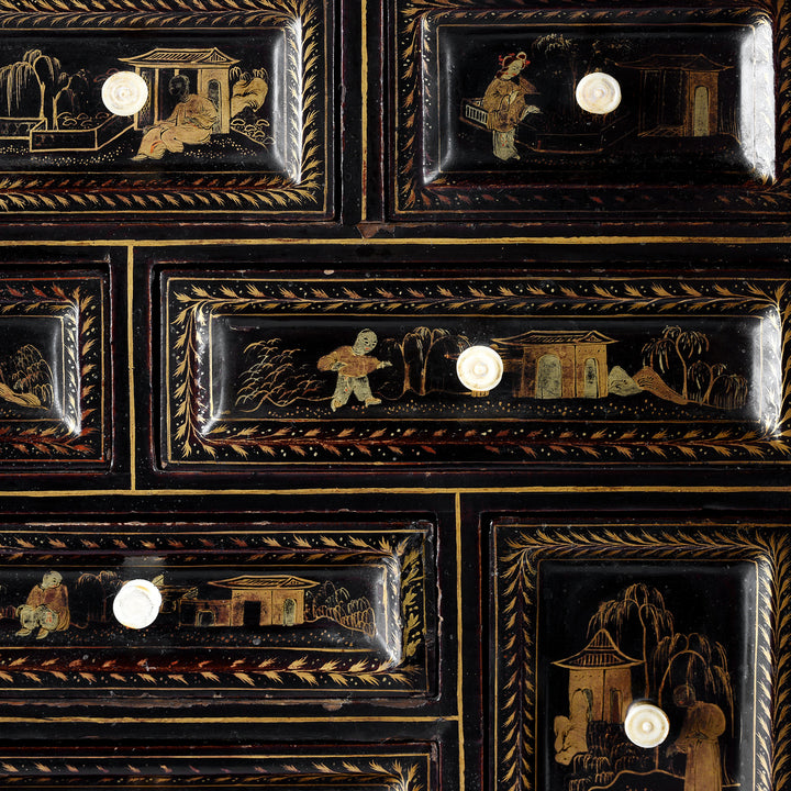 Detail From Antique Gilt Black Lacquer Chinese Export Jewellery Cabinet - Early 19th Century | Indigo Antiques