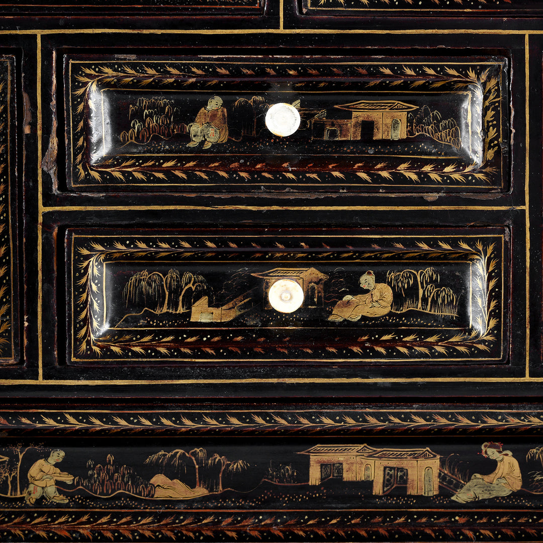 Detail From Antique Gilt Black Lacquer Chinese Export Jewellery Cabinet - Early 19th Century | Indigo Antiques