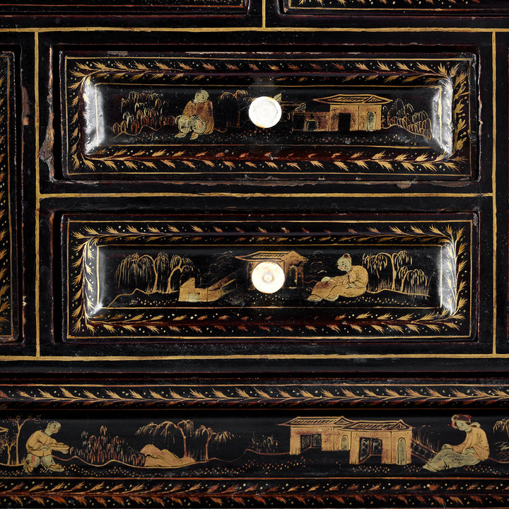 Detail From Antique Gilt Black Lacquer Chinese Export Jewellery Cabinet - Early 19th Century | Indigo Antiques
