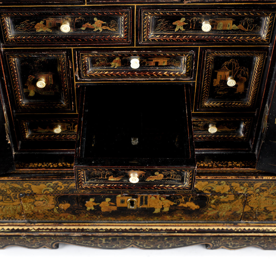 Detail From Antique Gilt Black Lacquer Chinese Export Jewellery Cabinet - Early 19th Century | Indigo Antiques