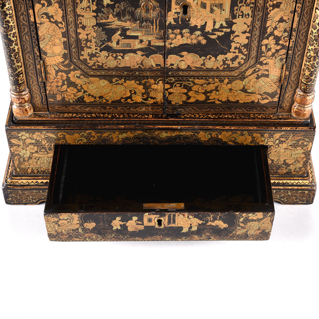 Open Drawer Detail From Antique Gilt Black Lacquer Chinese Export Jewellery Cabinet - Early 19th Century | Indigo Antiques
