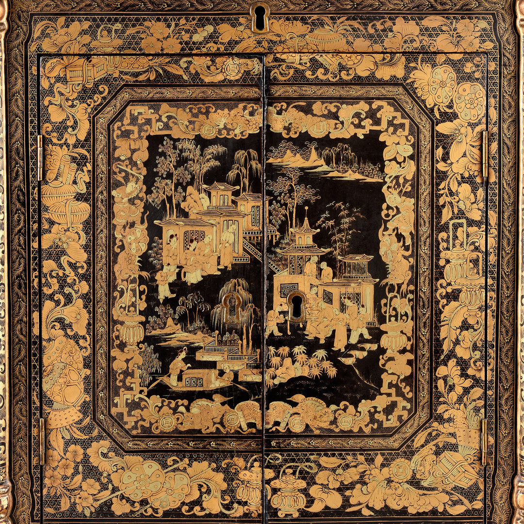 Doors Detail From Antique Gilt Black Lacquer Chinese Export Jewellery Cabinet - Early 19th Century | Indigo Antiques