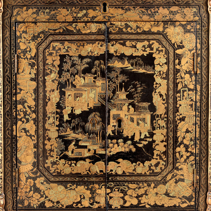 Doors Detail From Antique Gilt Black Lacquer Chinese Export Jewellery Cabinet - Early 19th Century | Indigo Antiques