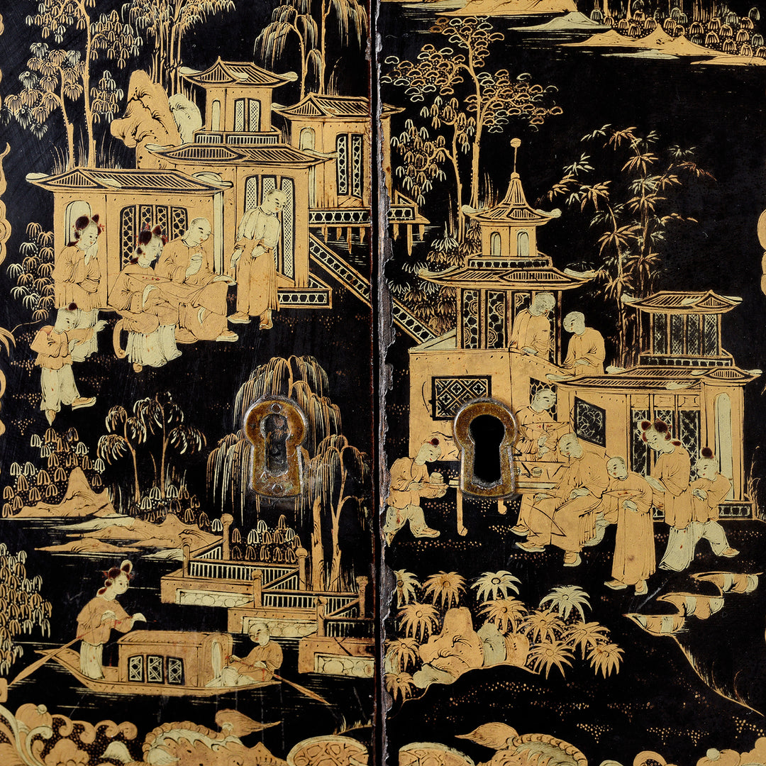 Lock Detail From Antique Gilt Black Lacquer Chinese Export Jewellery Cabinet - Early 19th Century | Indigo Antiques