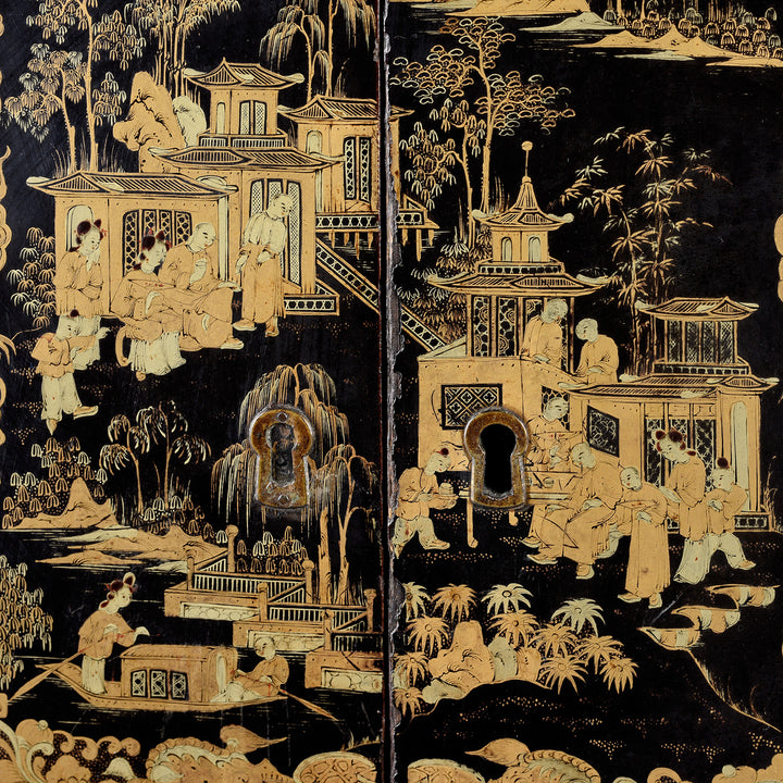 Lock Detail From Antique Gilt Black Lacquer Chinese Export Jewellery Cabinet - Early 19th Century | Indigo Antiques