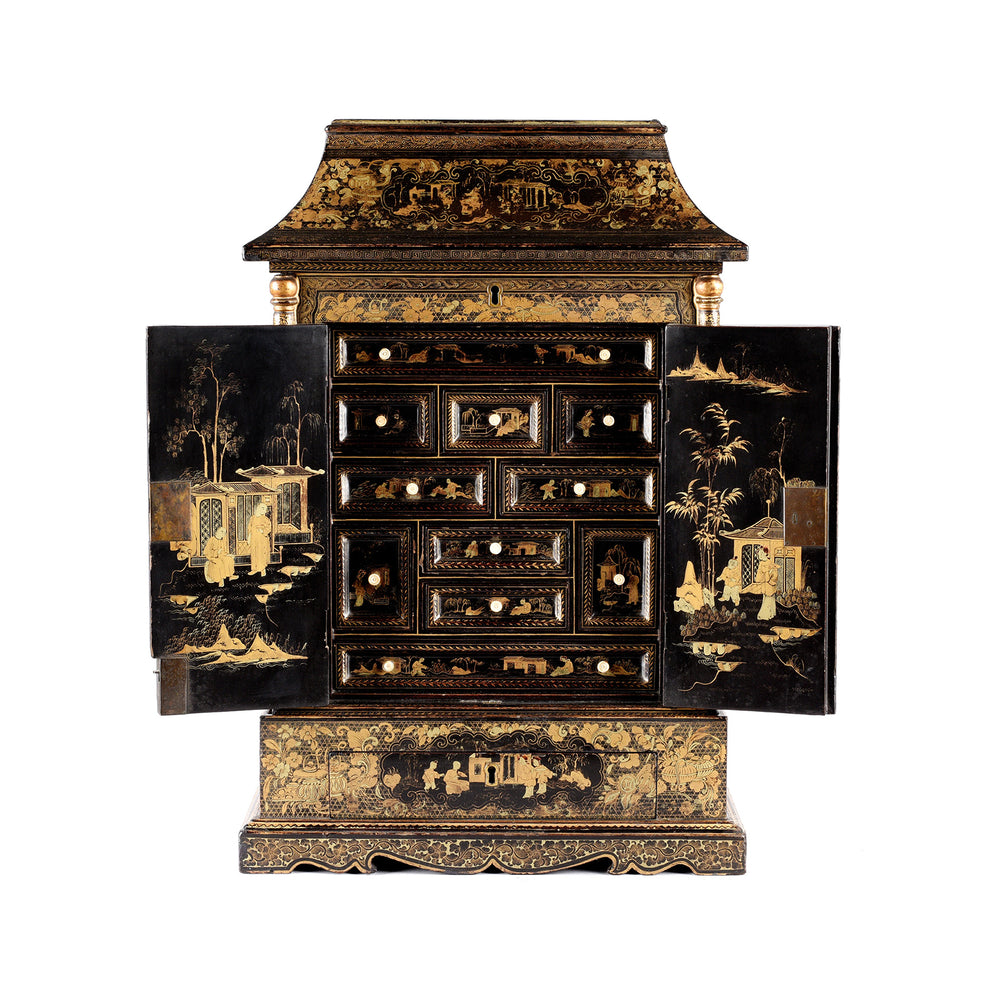 Interior View Of Antique Gilt Black Lacquer Chinese Canton Export Jewellery Cabinet - Early 19th Century With Ivory Handles | Indigo Antiques