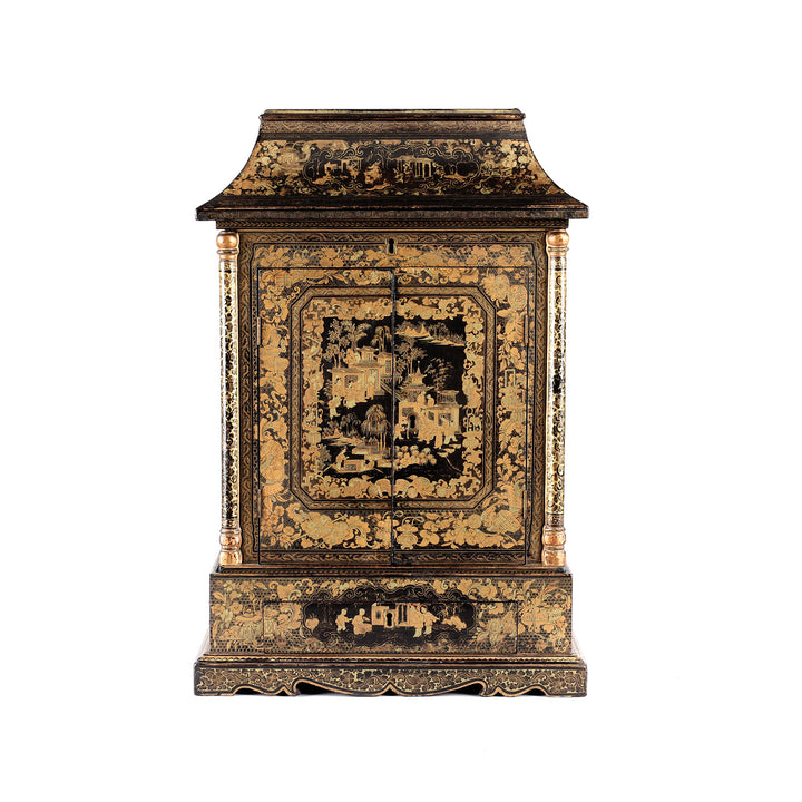 Antique Gilt Black Lacquer Chinese Canton Export Jewellery Cabinet - Early 19th Century | Indigo Antiques