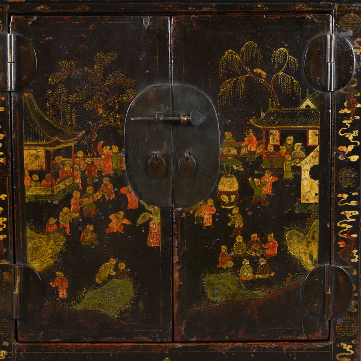 Paintwork Detail From Antique Black Lacquer Sideboard From Shanxi | Indigo Antiques