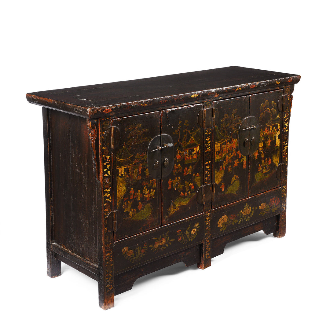 Angle View Of Antique Black Lacquer Sideboard From Shanxi | Indigo Antiques
