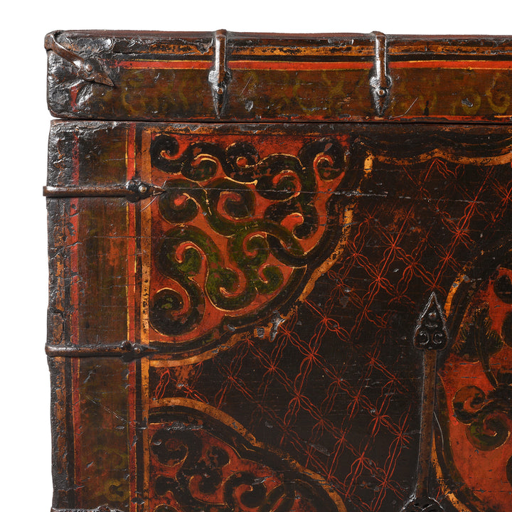 Corner Detail From Antique Painted Storage Chest From Tibet | Indigo Antiques