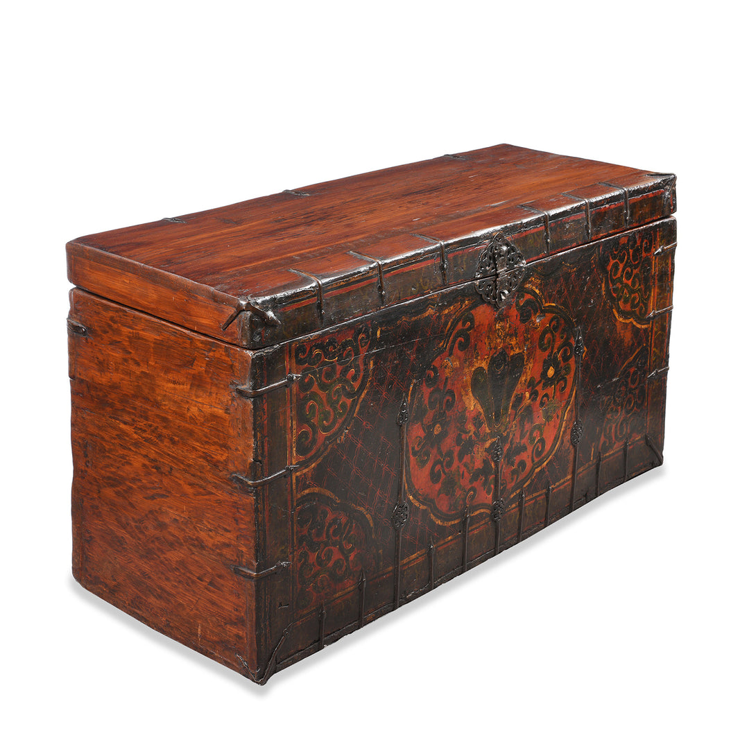 Angled VIew Of Antique Painted Storage Chest From Tibet | Indigo Antiques