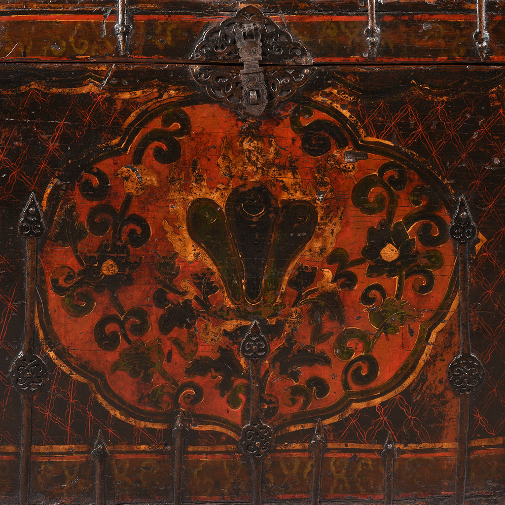 Painted Tibetan Chest With Flaming Jewels - 18th Century