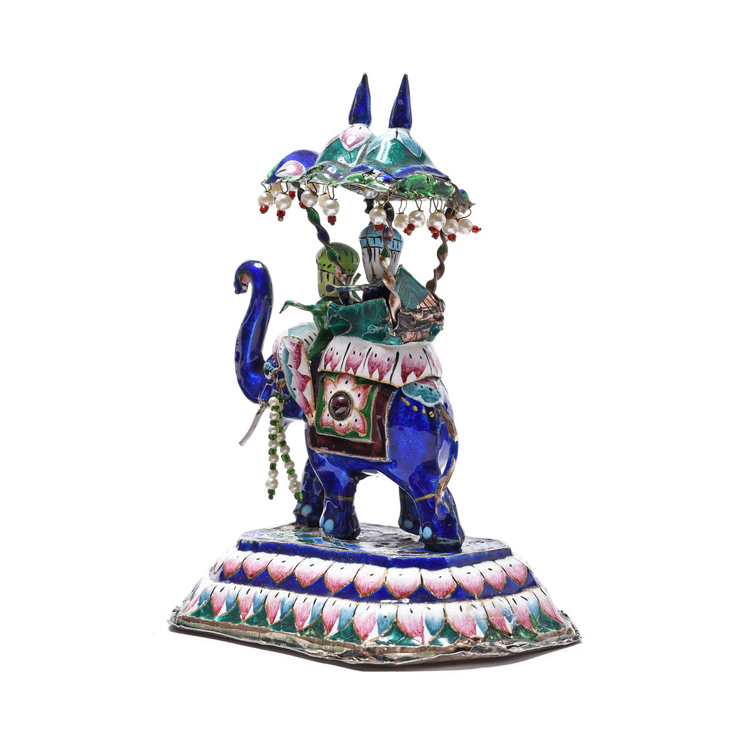 Angled View Of Antique Meenakari Enamel Elephant - Jaipur - Ca 1950 | Indigo Antiques
