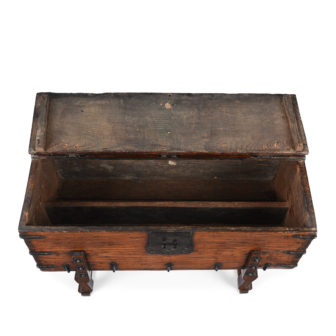 Open Lid View Of Antique Iron Bound Korean Ton Twe Coin Chest | Indigo Antiques