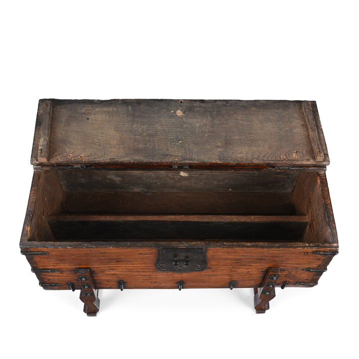 Open Lid View Of Antique Iron Bound Korean Ton Twe Coin Chest | Indigo Antiques