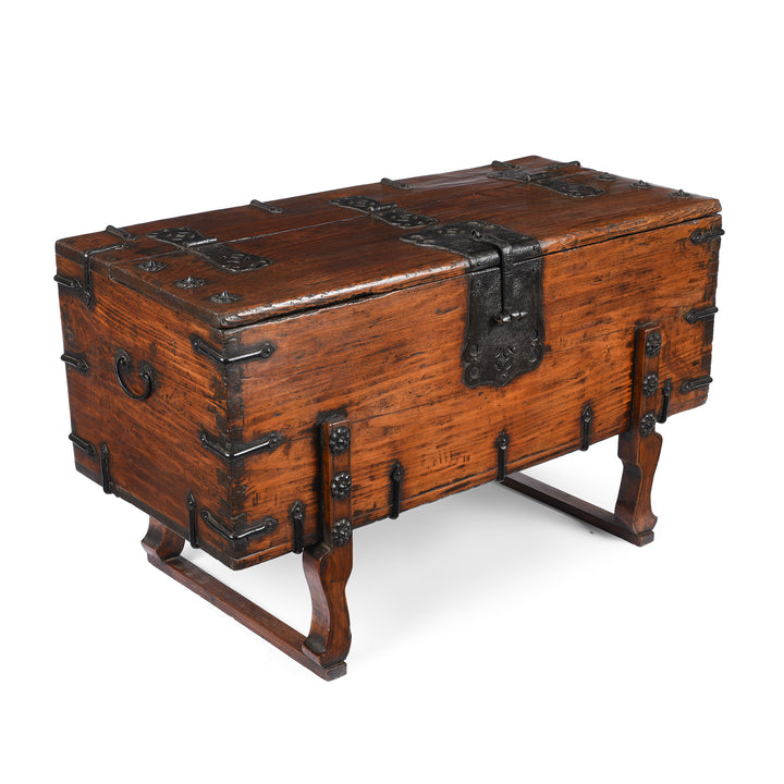 Angled View Of Antique Iron Bound Korean Ton Twe Coin Chest | Indigo Antiques