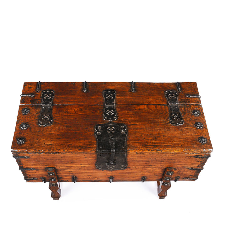 Top Down View Of Antique Iron Bound Korean Ton Twe Coin Chest | Indigo Antiques