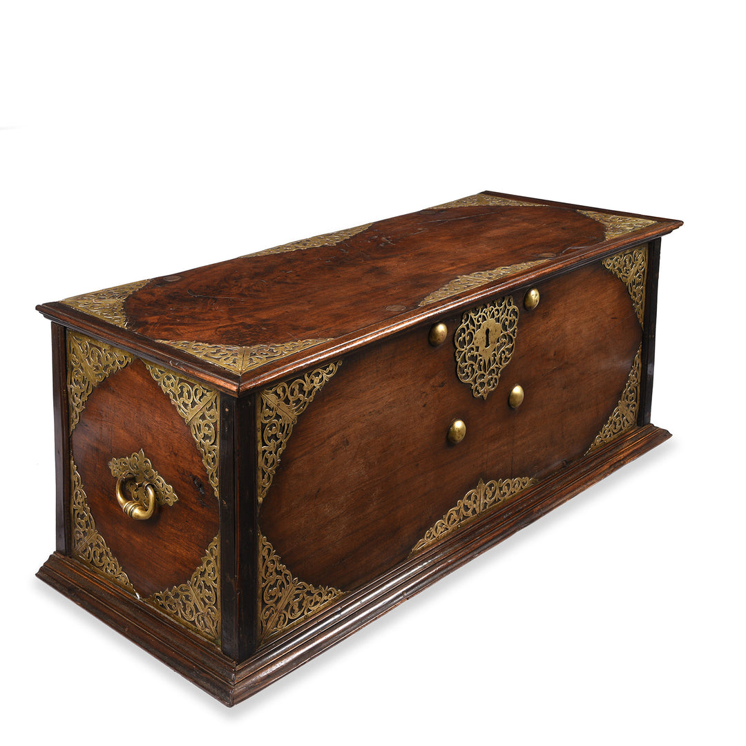 Angled View Of Antique Indo-Dutch Jackfruit & Brass Chest From Ceylon/Sri-Lanka -18thC | Indigo Antiques