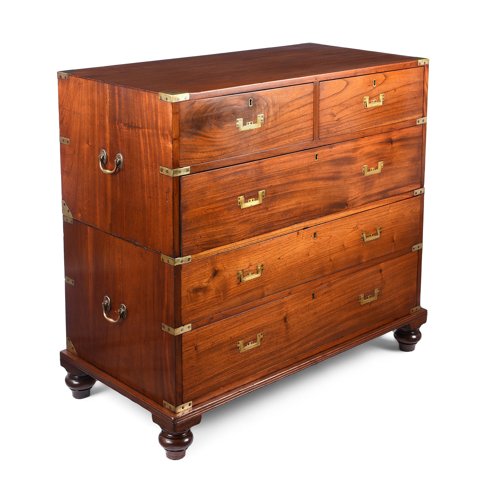 Angled View Of Antique Anglo Indian Mahogany Military Campaign Chest Of Drawers - 19th Century | Indigo Antiques