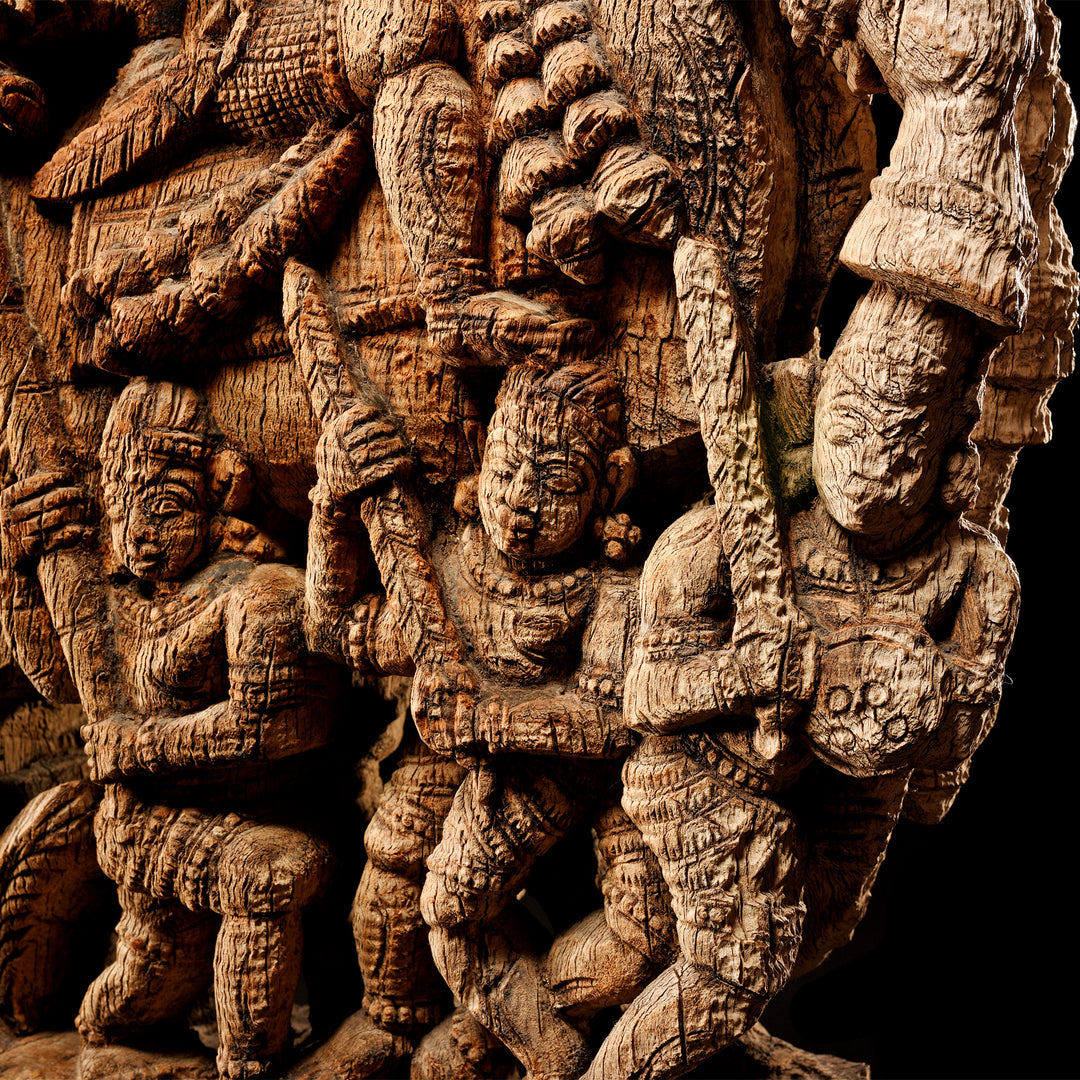 Figures On Black Detail From Antique Carved Teak Horse Chariot Carving From Tamil Nadu - 19th Century | Indigo Antiques
