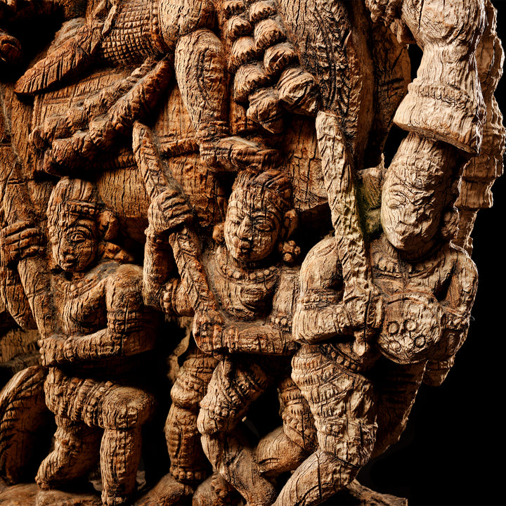 Figures On Black Detail From Antique Carved Teak Horse Chariot Carving From Tamil Nadu - 19th Century | Indigo Antiques