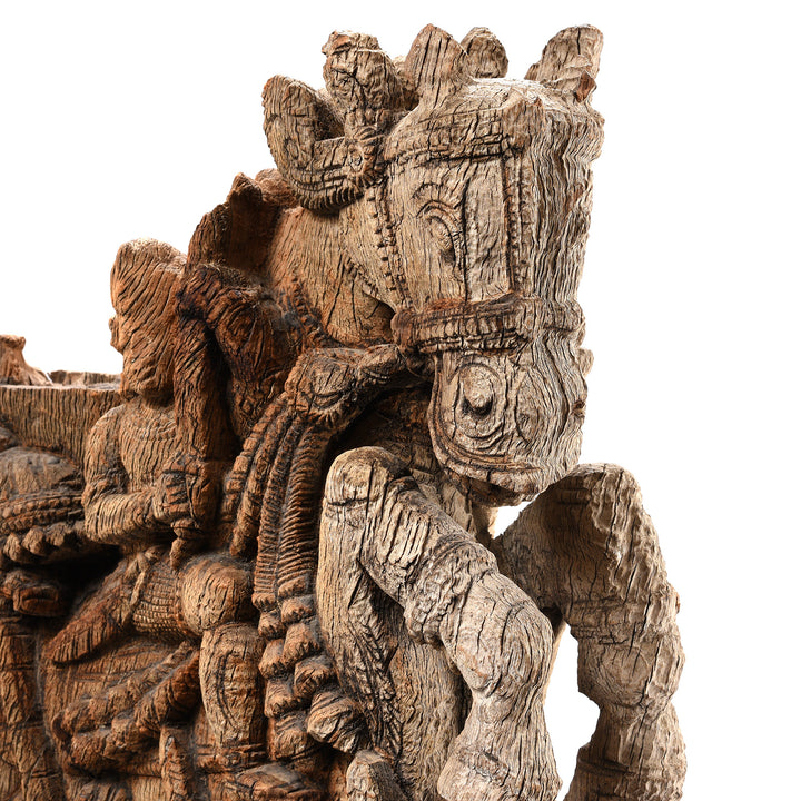 Face Detail From Antique Carved Teak Horse Chariot Carving From Tamil Nadu - 19th Century | Indigo Antiques