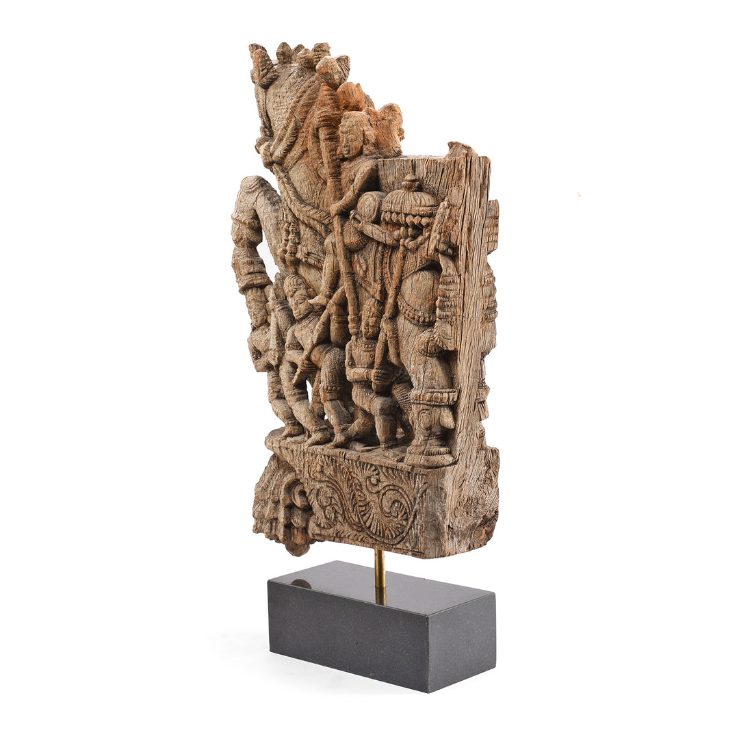 Angled Rear View Of Antique Carved Teak Horse Chariot Carving From Tamil Nadu - 19th Century | Indigo Antiques