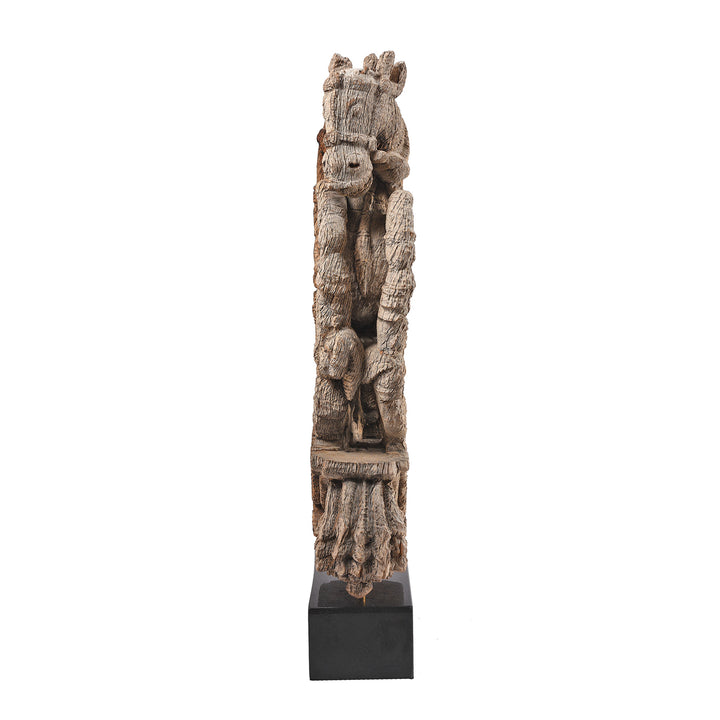 Front View Of Antique Carved Teak Horse Chariot Carving From Tamil Nadu - 19th Century | Indigo Antiques