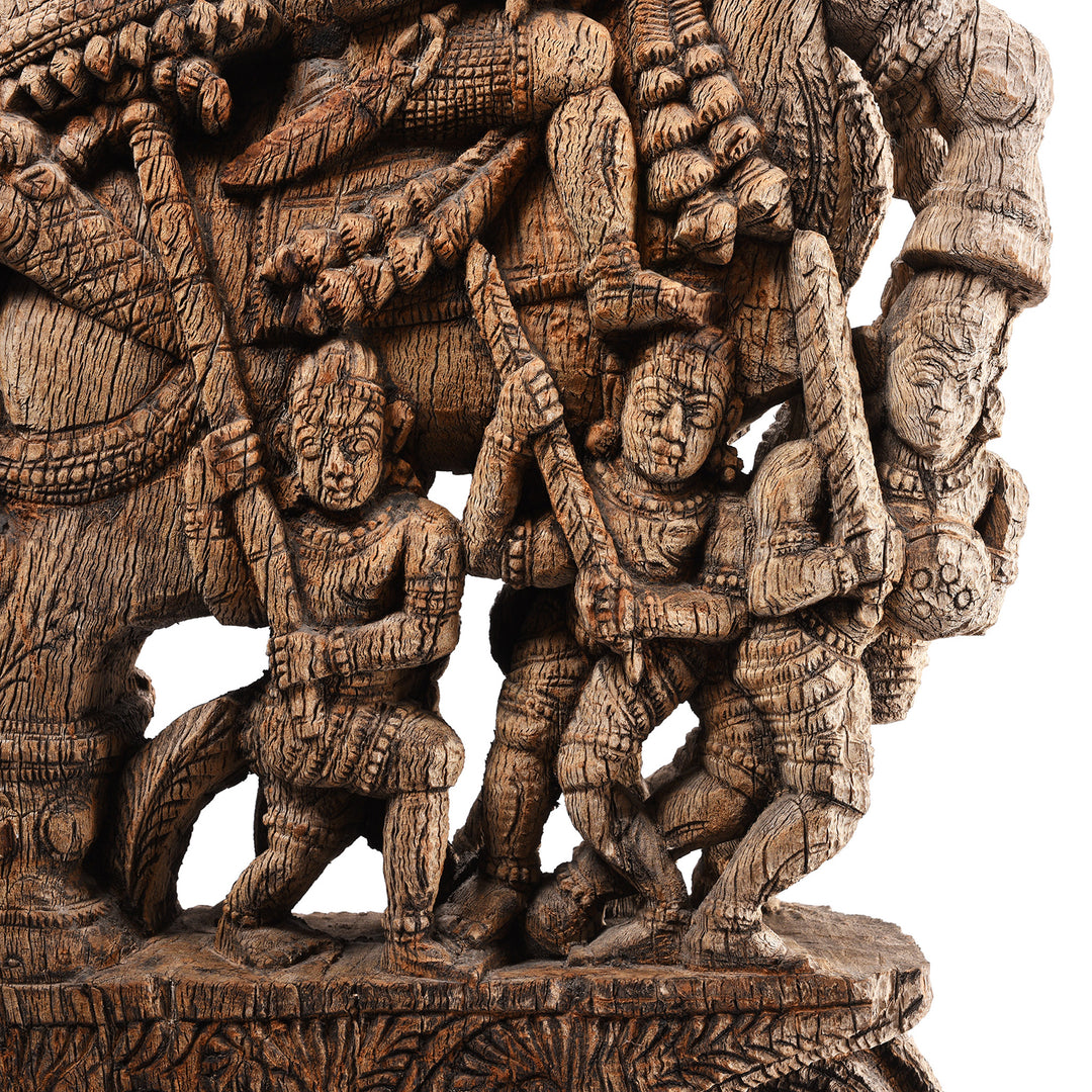 Figures Detail From Antique Carved Teak Horse Chariot Carving From Tamil Nadu - 19th Century | Indigo Antiques
