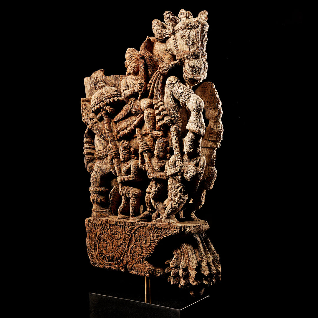 Antique Carved Teak Horse Chariot Carving From Tamil Nadu - 19th Century | Indigo Antiques