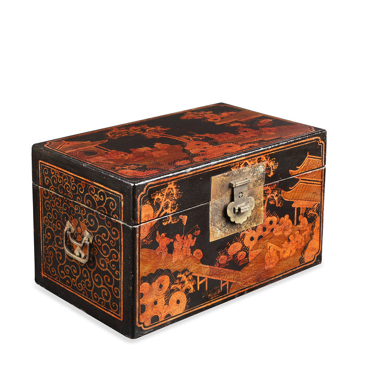 Angled View Of Antique Chinese Painted Lacquer Box - Late 19th Century | Indigo Antiques