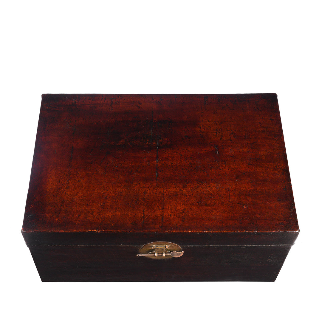 Top Down View Of Antique Aubergine Leather Trunk from Shanghai - Circa 1920 - Early 20th Century | Indigo Antiques