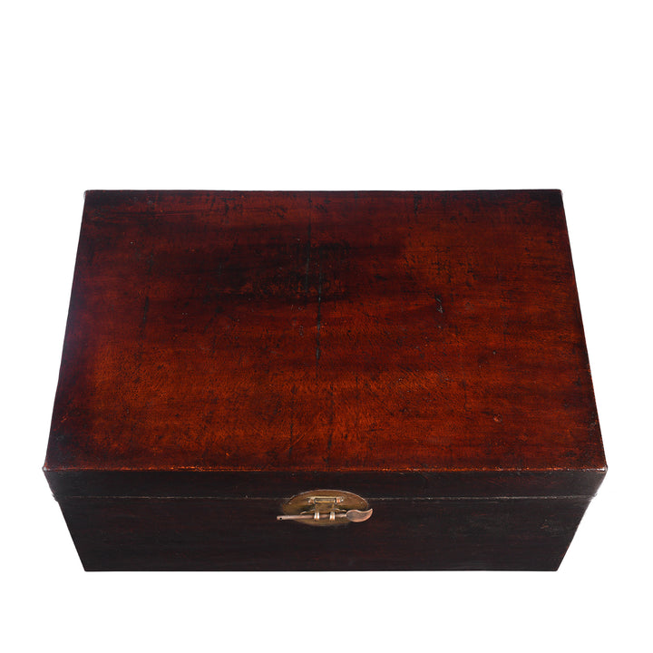 Top Down View Of Antique Aubergine Leather Trunk from Shanghai - Circa 1920 - Early 20th Century | Indigo Antiques