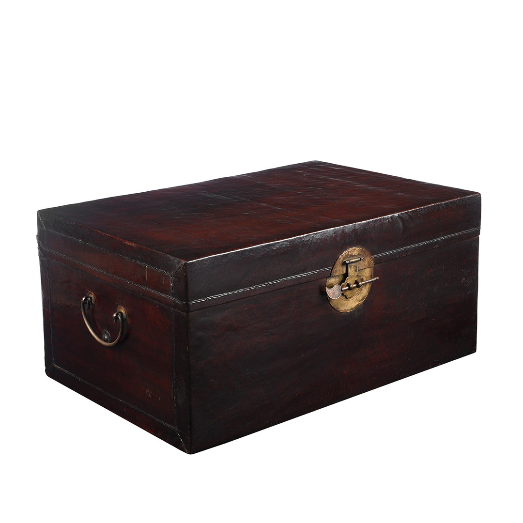 Angled View Of Antique Aubergine Leather Trunk from Shanghai - Circa 1920 - Early 20th Century | Indigo Antiques