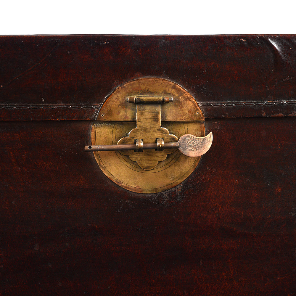 Locking Plate Detail From Antique Aubergine Leather Trunk from Shanghai - Circa 1920 - Early 20th Century | Indigo Antiques