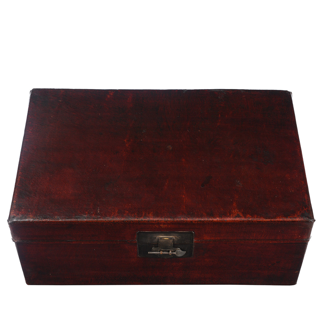 Top Down View Of Antique Aubergine Leather Trunk from Shanghai - Circa 1920 - Early 20th Century | Indigo Antiques