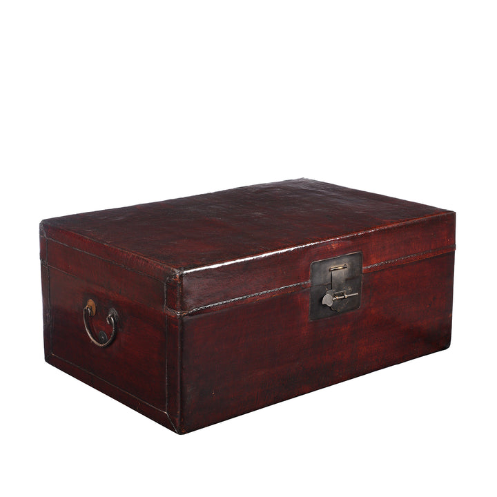 Angled View of Antique Aubergine Leather Trunk from Shanghai - Circa 1920 - Early 20th Century | Indigo Antiques