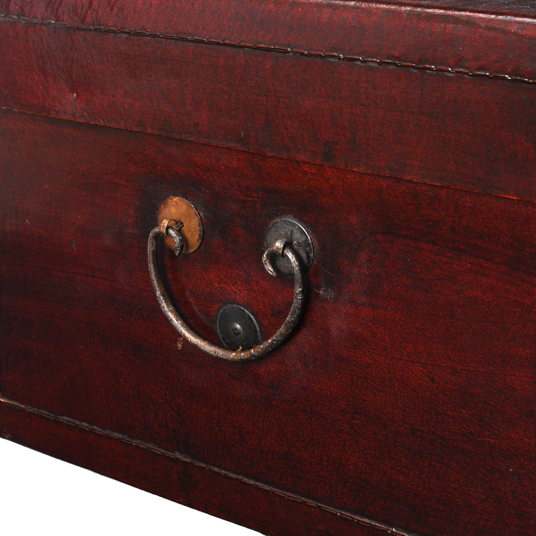 Handle Detail From Antique Aubergine Leather Trunk from Shanghai - Circa 1920 - Early 20th Century | Indigo Antiques
