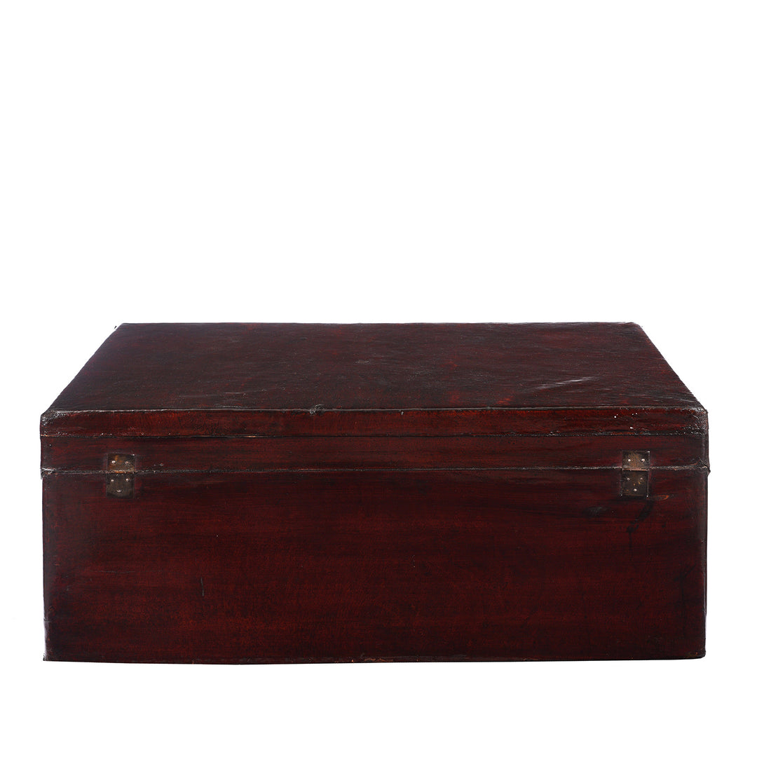 Back Of Antique Aubergine Leather Trunk from Shanghai - Circa 1920 - Early 20th Century | Indigo Antiques