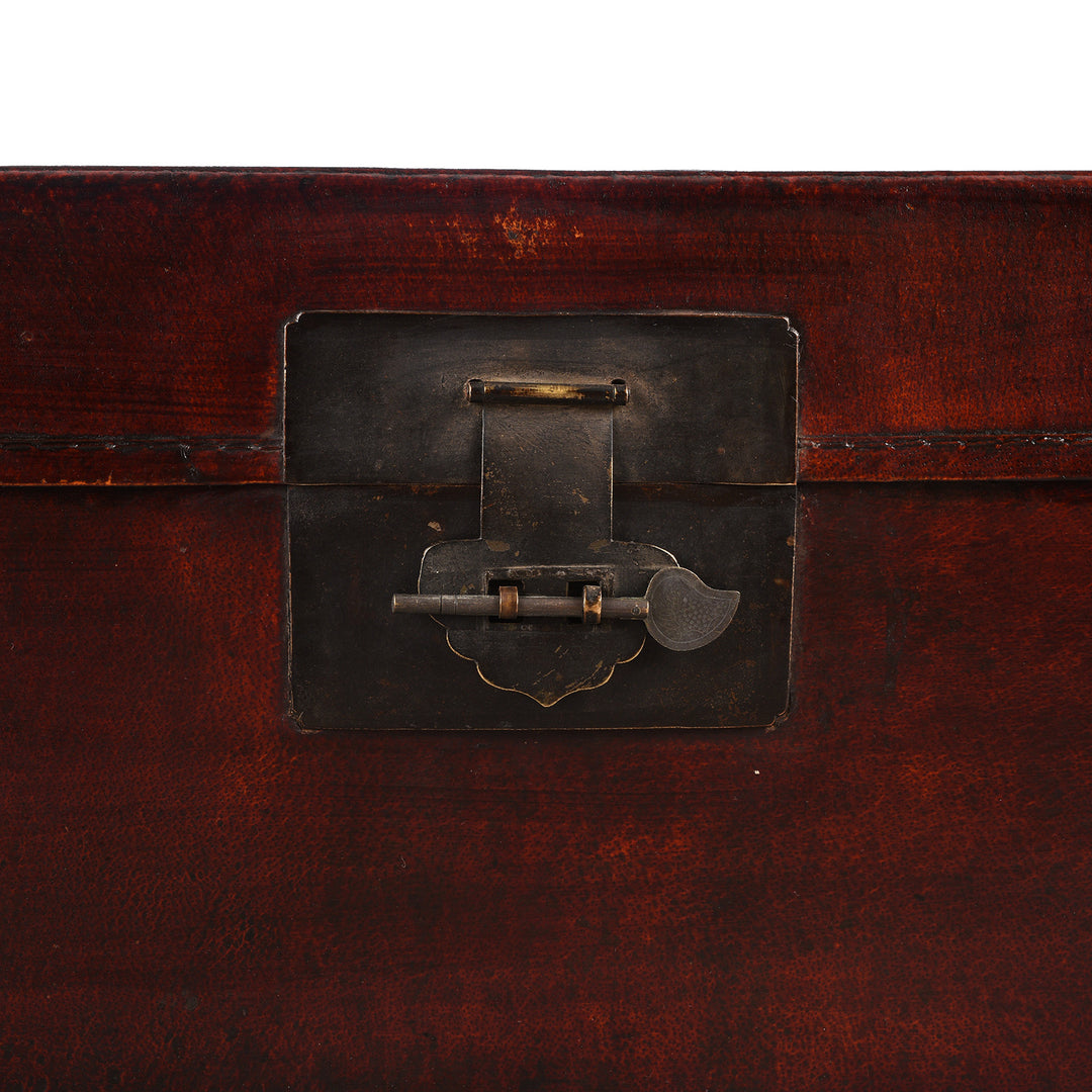 Locking Plate Detail From Antique Aubergine Leather Trunk from Shanghai - Circa 1920 - Early 20th Century | Indigo Antiques