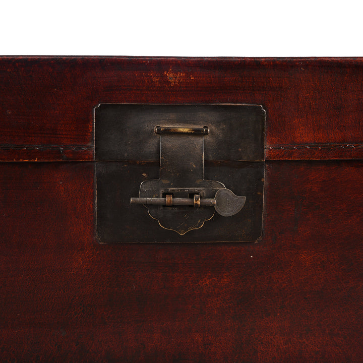 Locking Plate Detail From Antique Aubergine Leather Trunk from Shanghai - Circa 1920 - Early 20th Century | Indigo Antiques