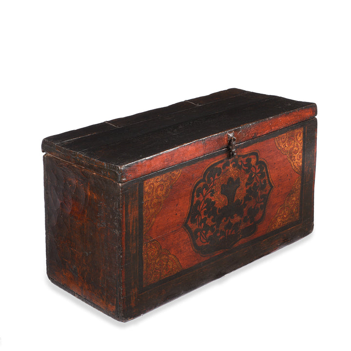 Angled View Of Old Antique Painted Tibetan Chest | Indigo Antiques
