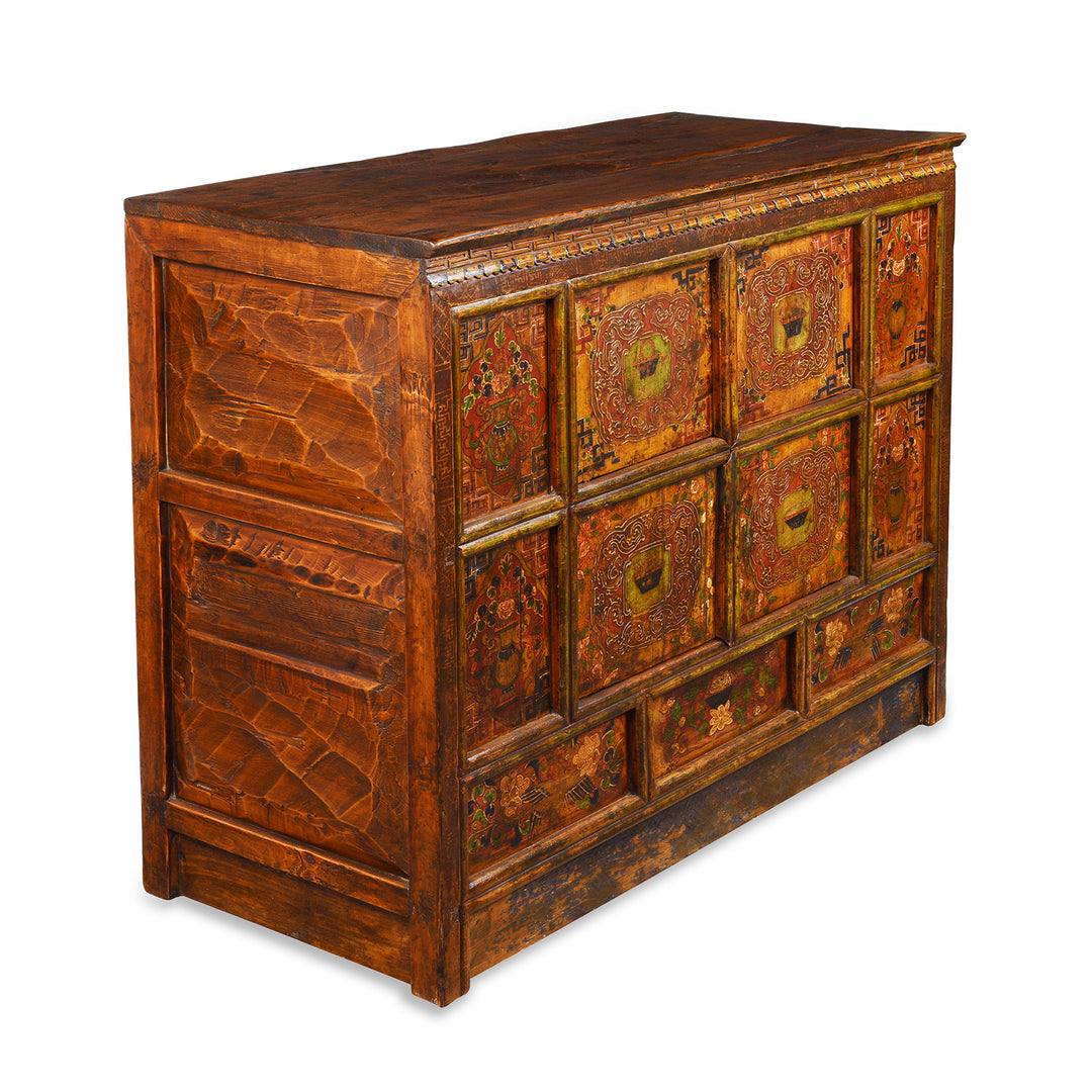 Angled View Of Antique Tibetan Painted Altar Cabinet | Indigo Antiques
