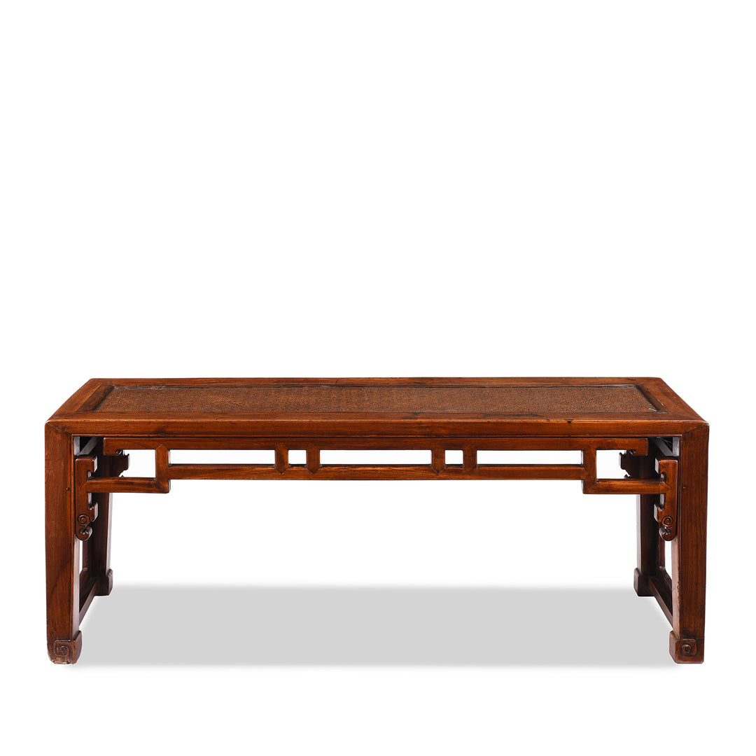 Back Of Antique Red Elm Bench From Jiangsu With Rattan Seat - 19th Century | Indigo Antiques