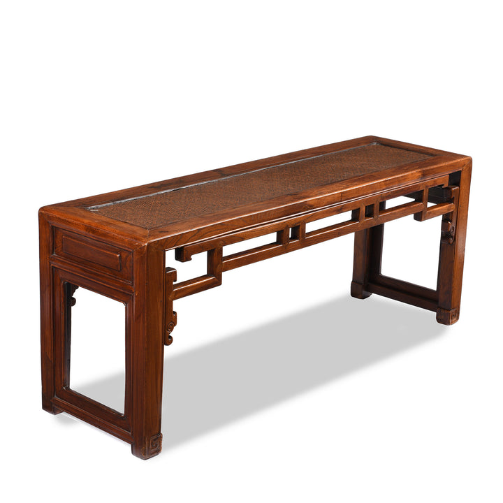 Angled View Of Antique Red Elm Bench From Jiangsu With Rattan Seat - 19th Century | Indigo Antiques