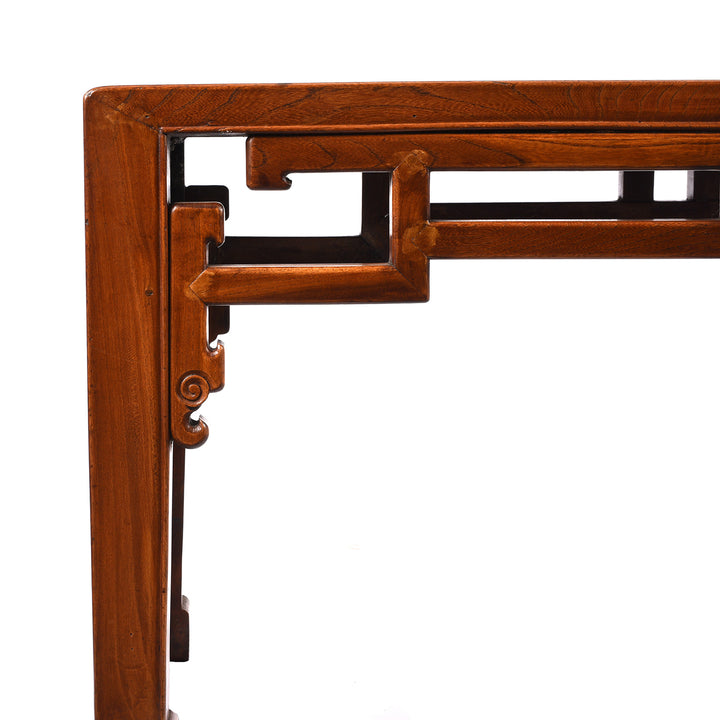 Corner Detail From Antique Red Elm Bench From Jiangsu With Rattan Seat - 19th Century | Indigo Antiques